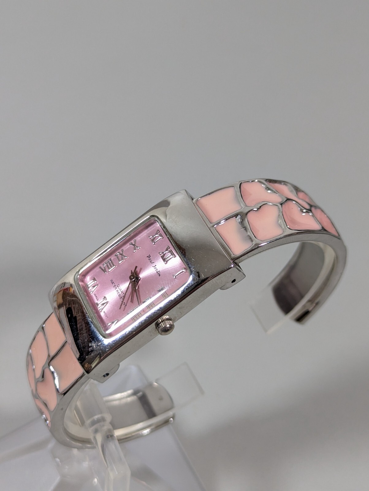 Paul Jardin Pink Dial Silver Tone Rectangle Case Enamel Inlay Hinge Band Watch