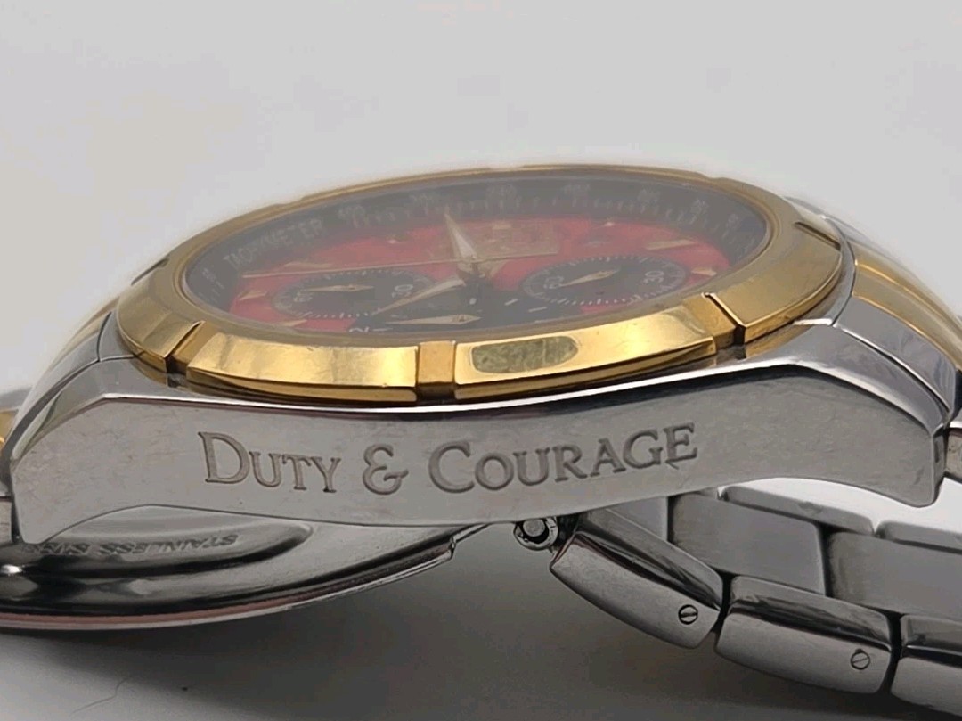 Bradford Exchange My Firefighter 43mm Red Gold Silver Date SS Japan Quartz Watch