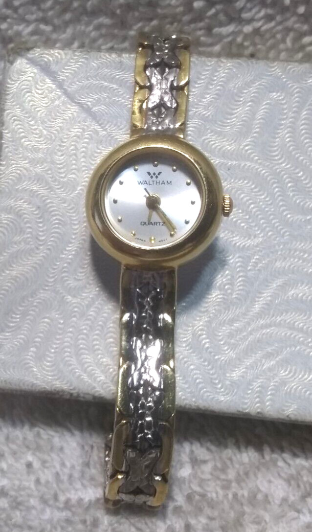 Waltham Quartz Watch Silver Shine Gold Trim Band White Dial New Bat Women Great