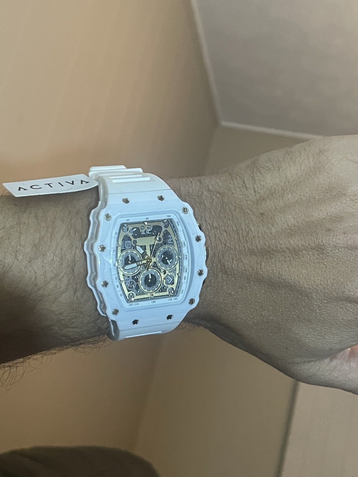 Activa Chronograph White Silicone Strap Skeleton Dial Date Watch 43mm – New