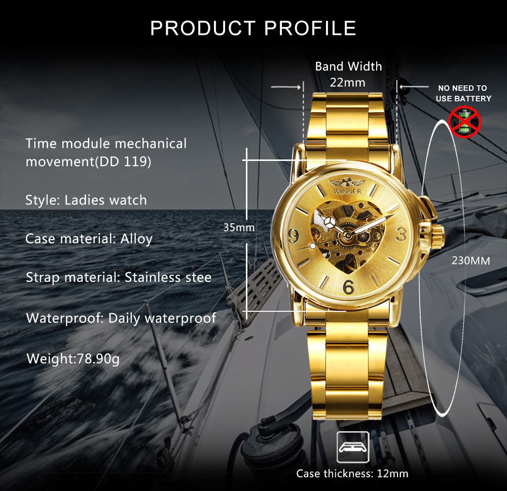 WINNER Women’s Skeleton Watch Automatic Mechanical Gold Stainless Steel 35mm