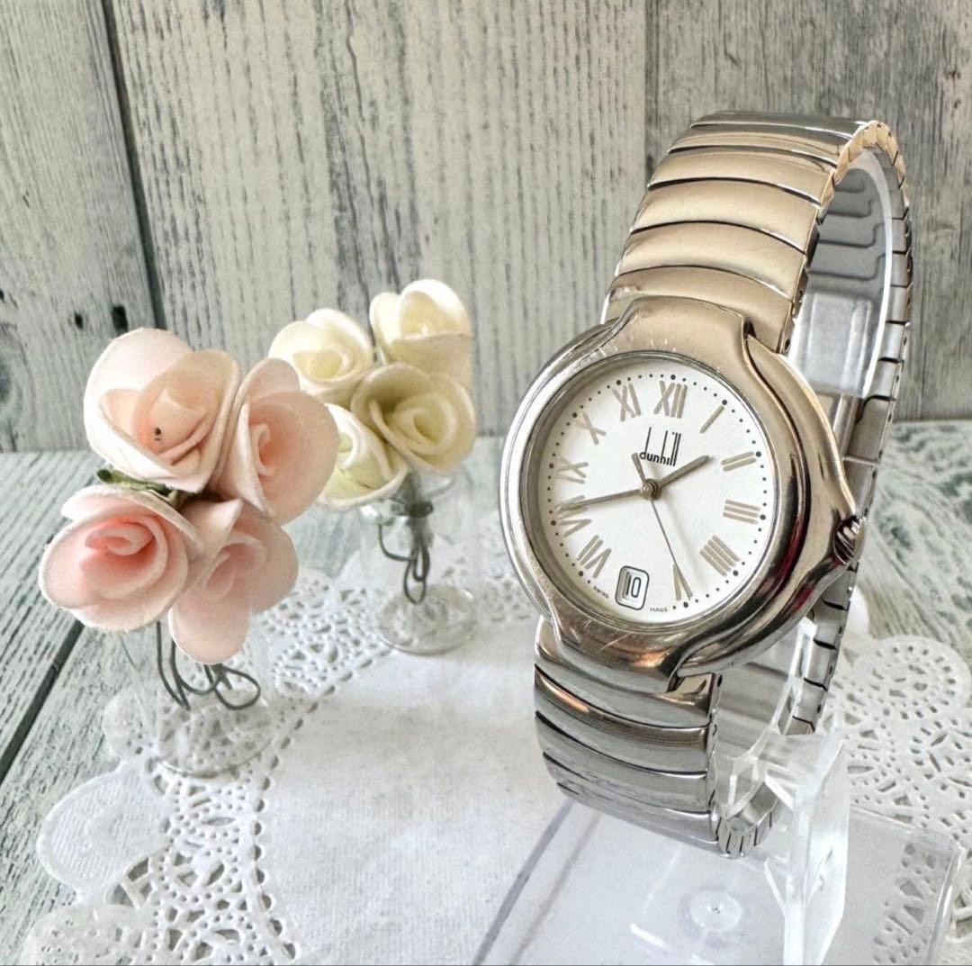 dunhill 8001 Quartz Watch White Dial Silver 34mm 18.5cm/7.28in Running Rare