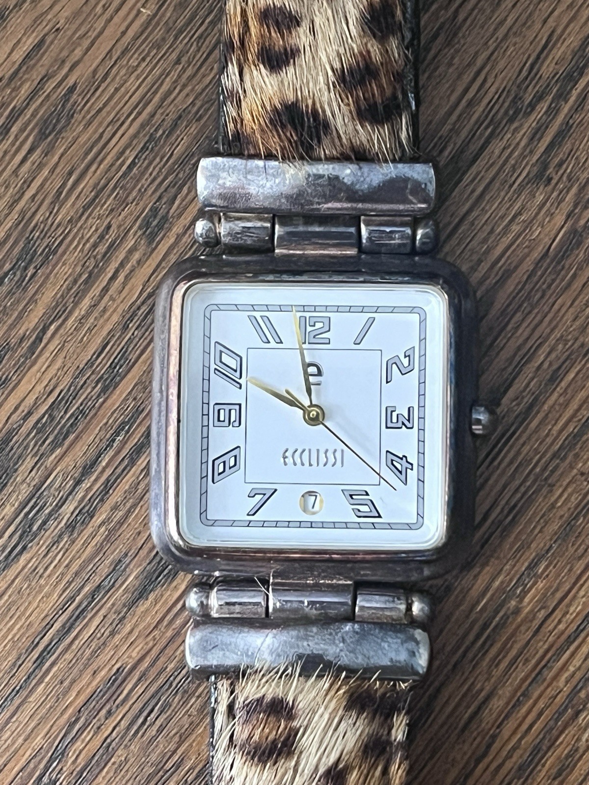NEW BATTERY 925 Sterling Silver Ecclissi Watch White Dial Leopard Print Strap