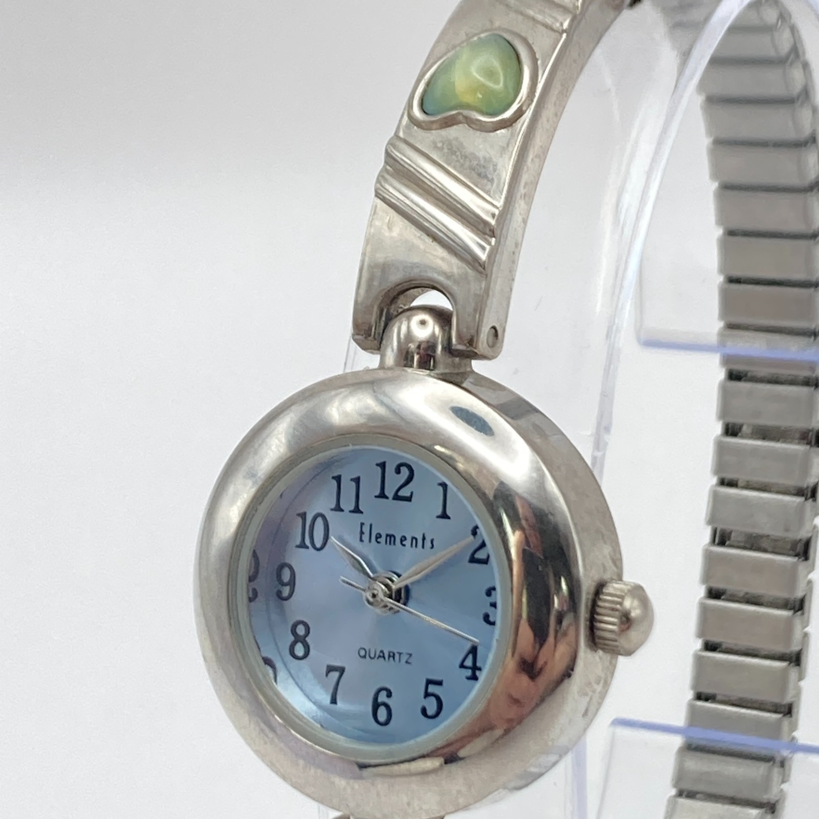 Vtg Elements Women’s Watch Silver Tone Cats Eye Heart Stretch Band New Battery