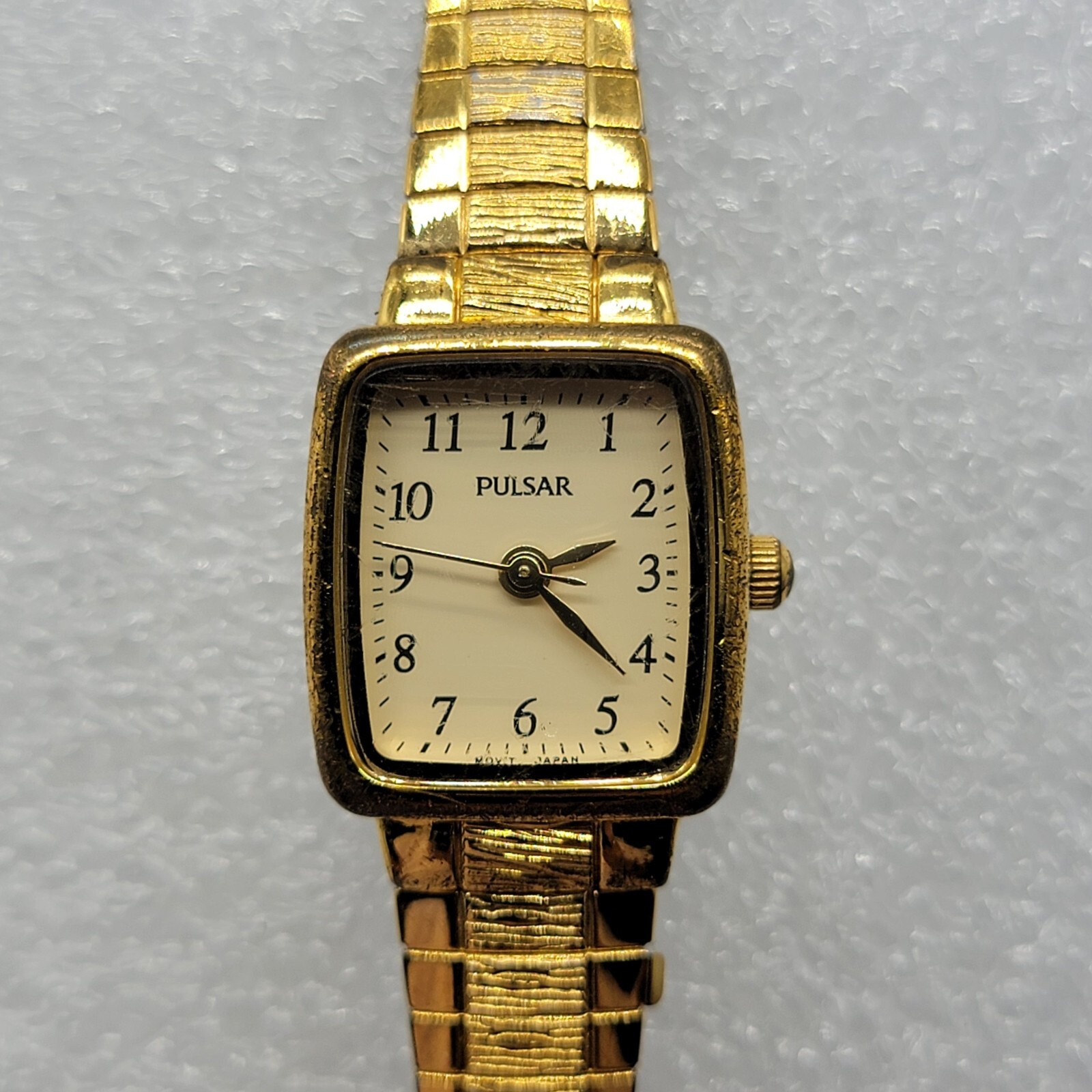 Pulsar Women Watch 17mm Rectangle Dial Gold Tone Classy Stretch Band 6.5″
