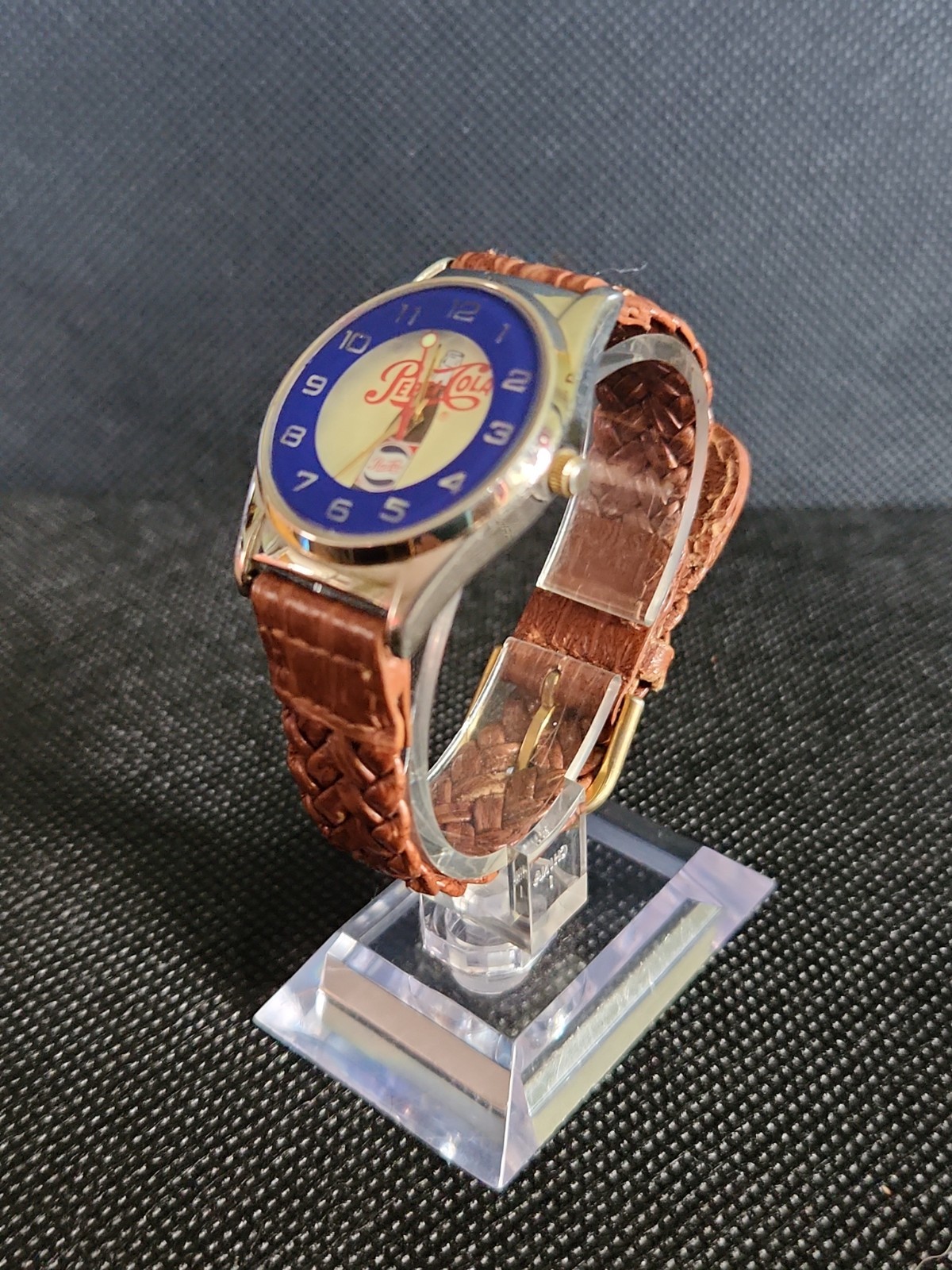 PEPSI COLA BOTTLE LOGO WRISTWATCH With Brown Braided Band & New Battery