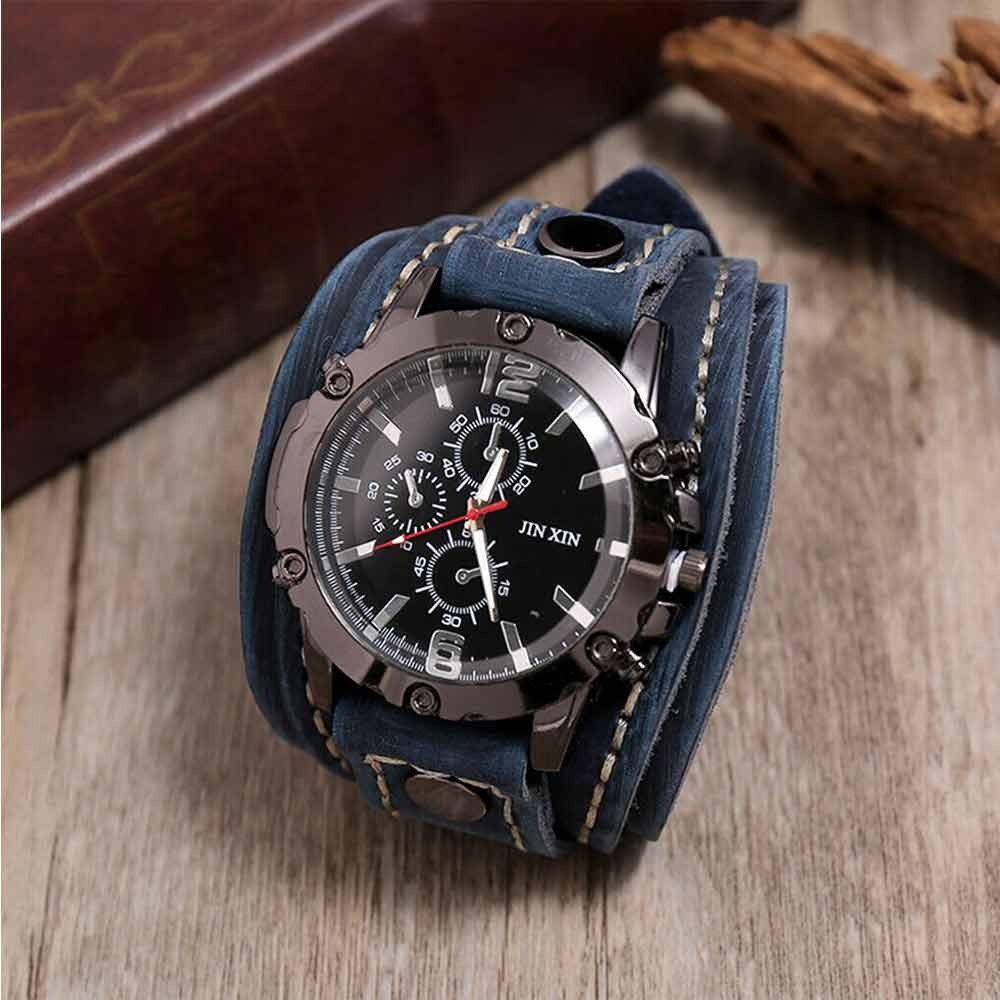 Military Retro PU Leather Strap Watch – Men’s Punk Quartz Cuff Wristwatch