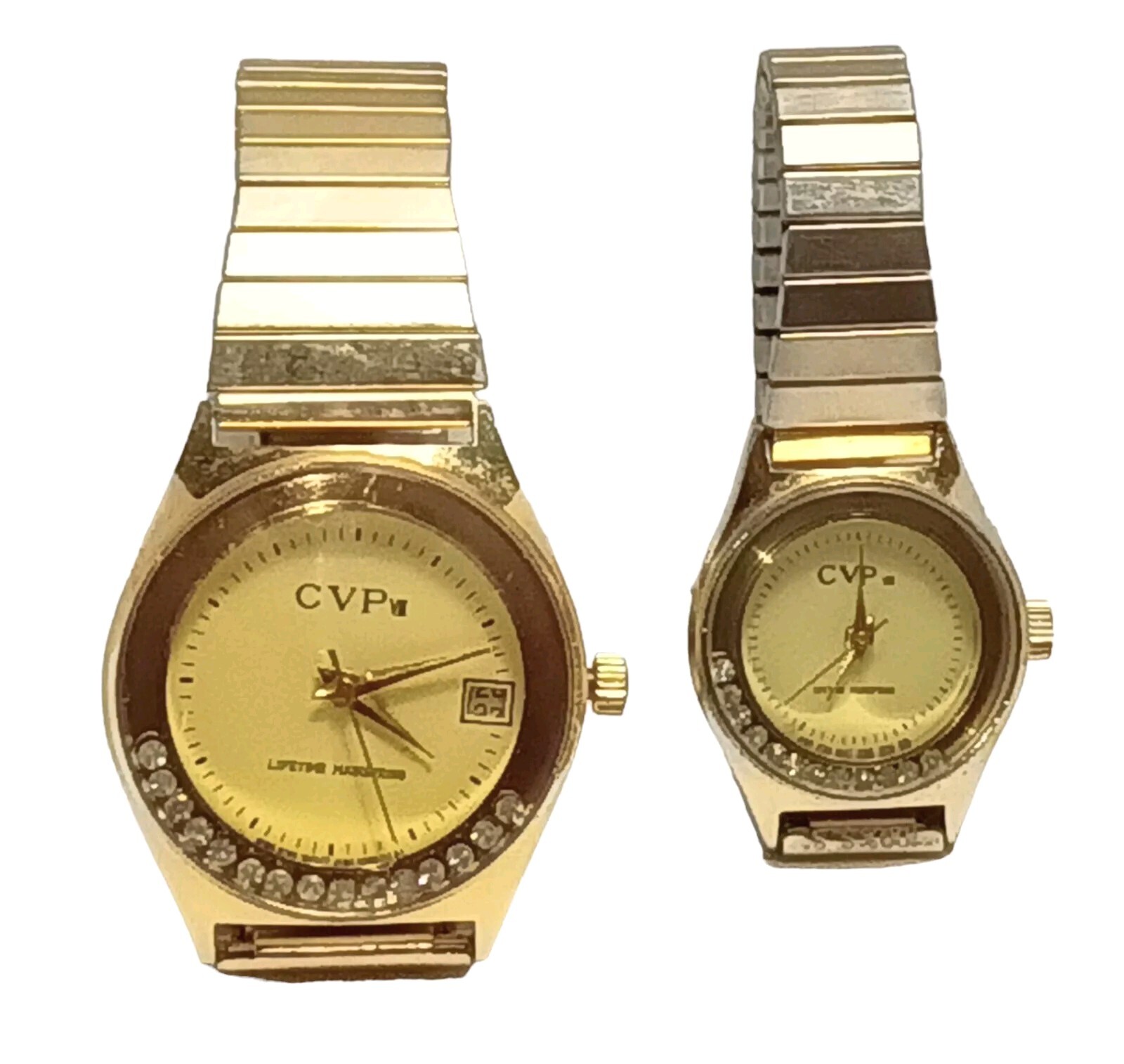 Lot of 2 VTG CVP VIII Lifetime Mainspring Analog Watch Floating Crystals *READ*