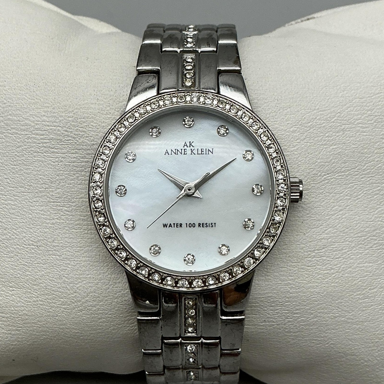 Anne Klein Womens Watch 27mm MOP Dial Crystals Silver Tone New Battery 6.25″
