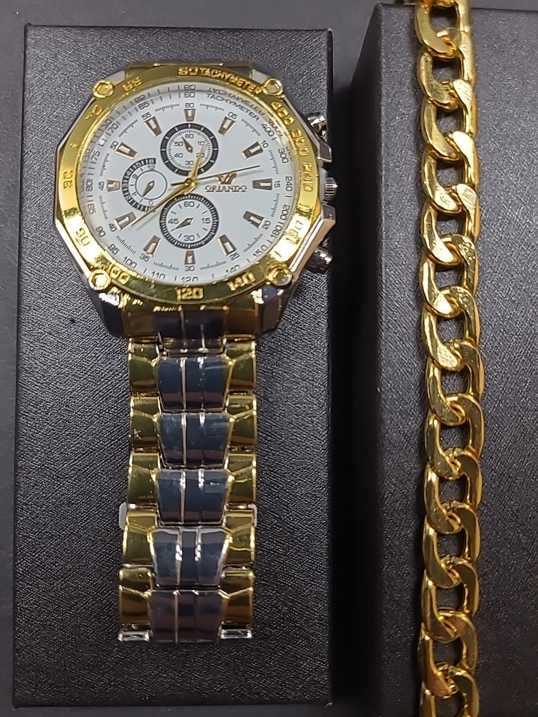 Men’s Orlando Gold And Silver Watch With 9 Inch Band And Gold Bracelet 7 1/2″