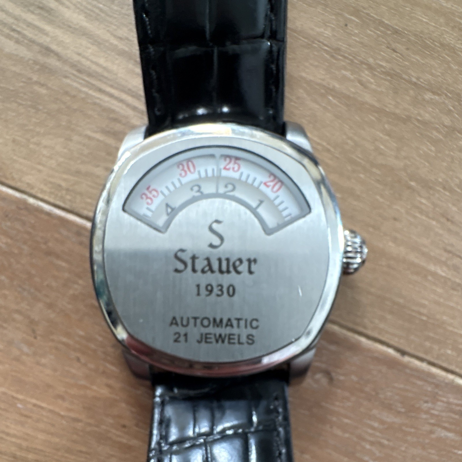 Stauer 1930 Automatic 21-Jewel Cushion Stainless Watch Silver Dial Black Leather