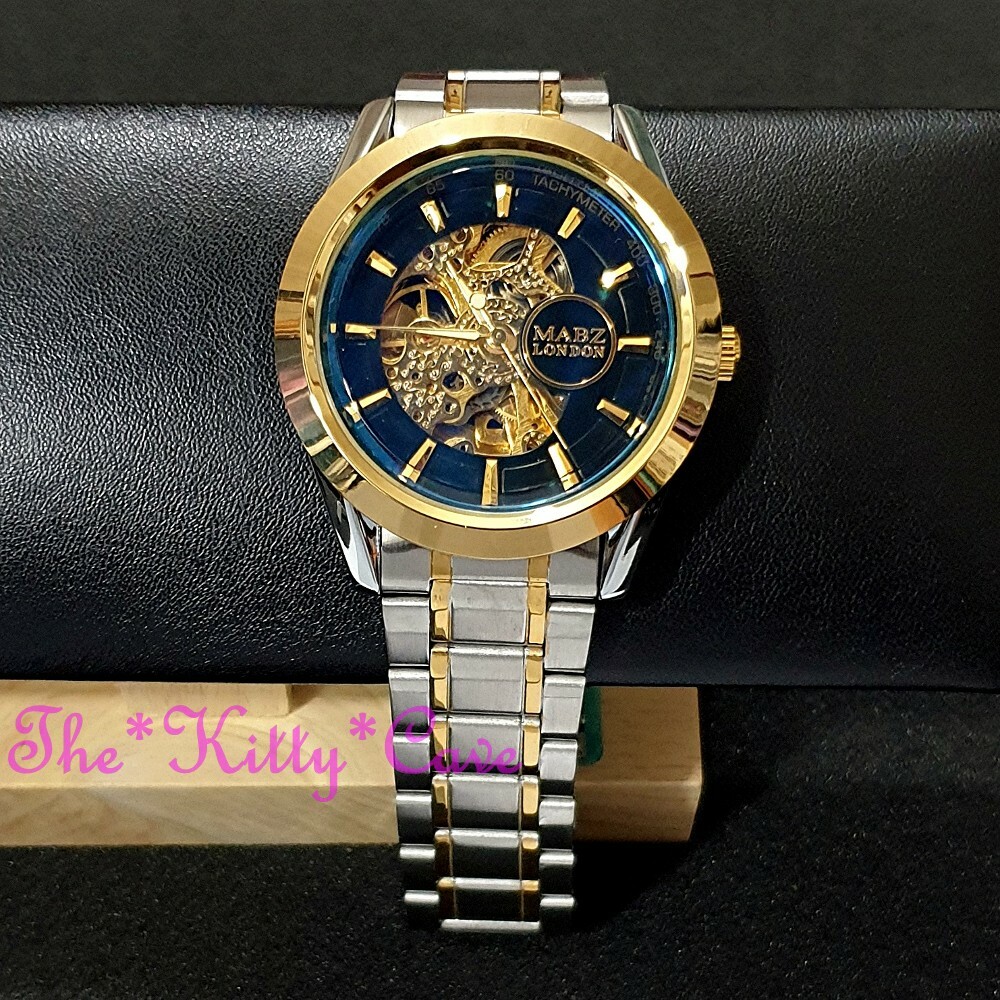 Automatic Mechanical Sapphire Blue Beveled Mineral Steampunk Skeleton Watch