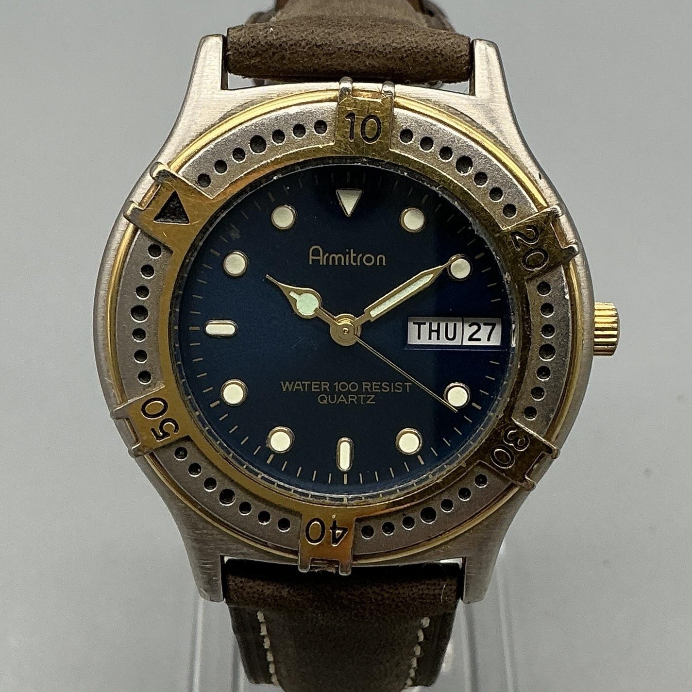 Armitron Mens Watch 35mm Two Tone Blue Dial Brown Leather Day Date New Battery