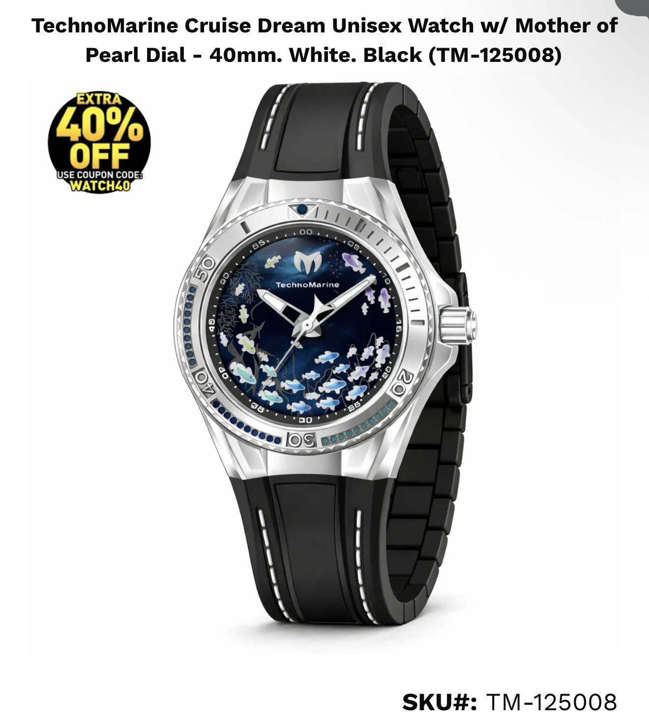 TechnoMarine Cruise Dream Unisex Watch w/MOP Blue Dial 40mm Black TM-125008 New