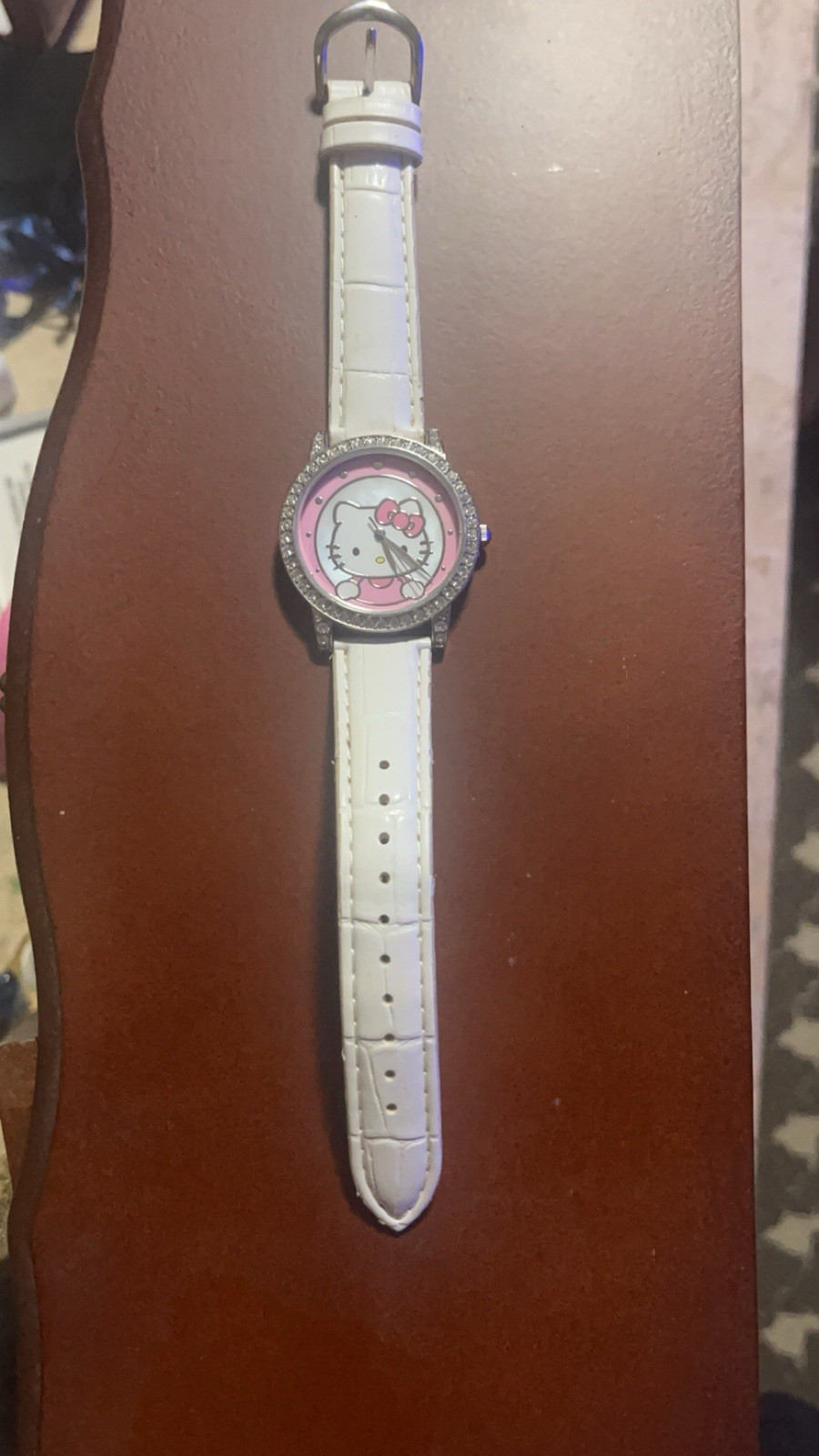 Hello Kitty Quartz Analog Watch Pink/White Dial White Faux Leather Strap 26mm