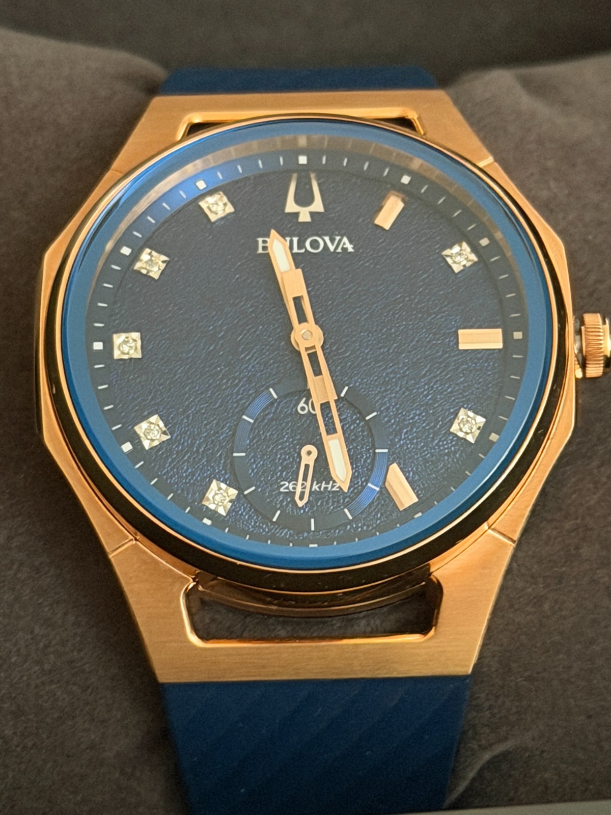 Bulova Curv Marc Anthony Blue Dial Women’s Watch 97P174. NIB $1,250. Rose Gold.