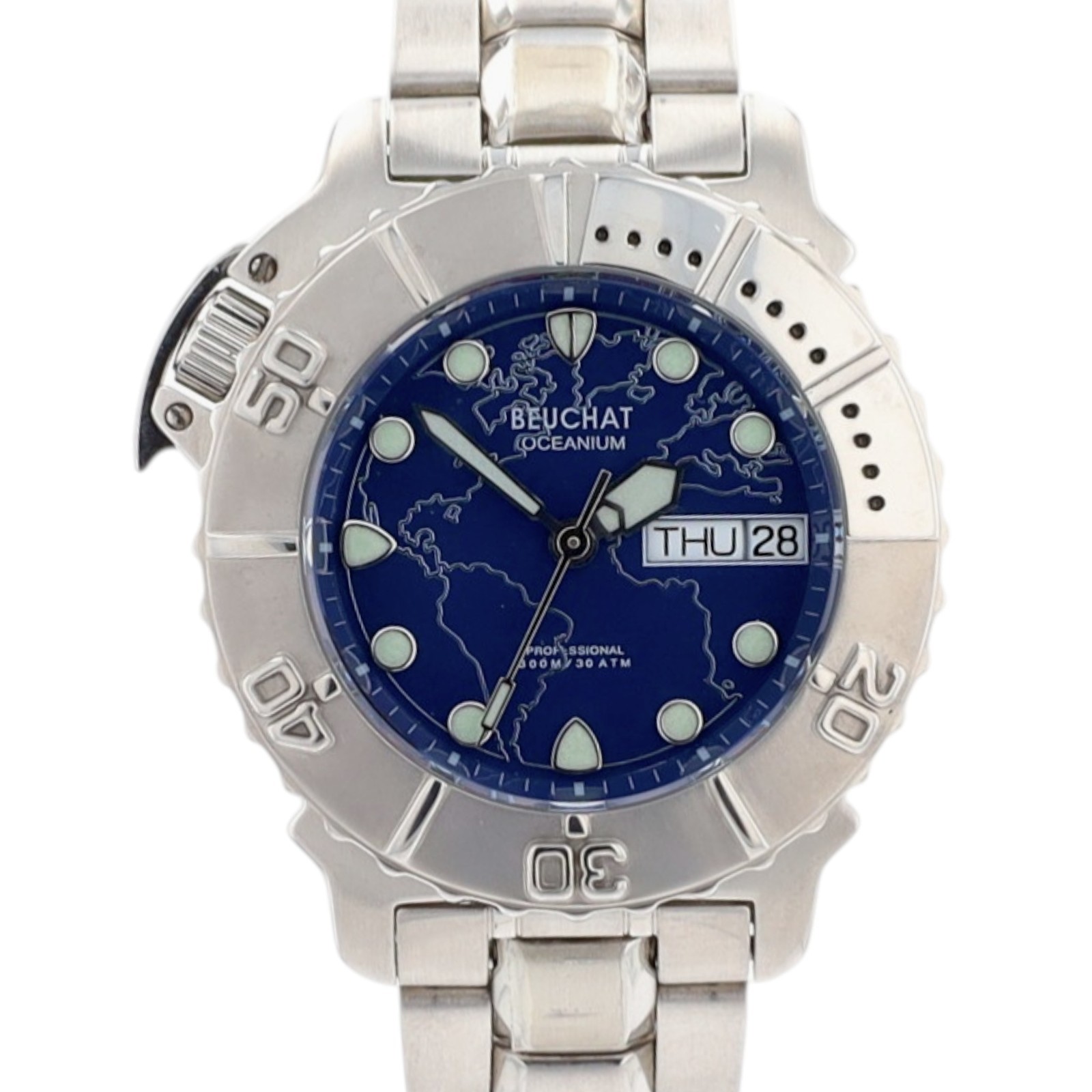 Beuchat Oceanium Ladies Watch 300M Diver Blue World Map Dial Swiss Steel Date