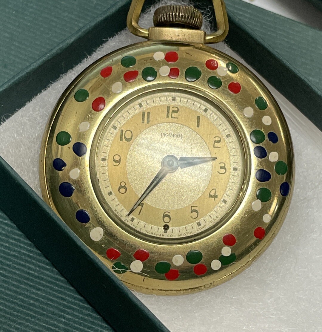 INGRAHAM BRISTOL GOLD TONE SPECKLED ENAMELED POCKET WATCH NOT WORKING RARE CASE