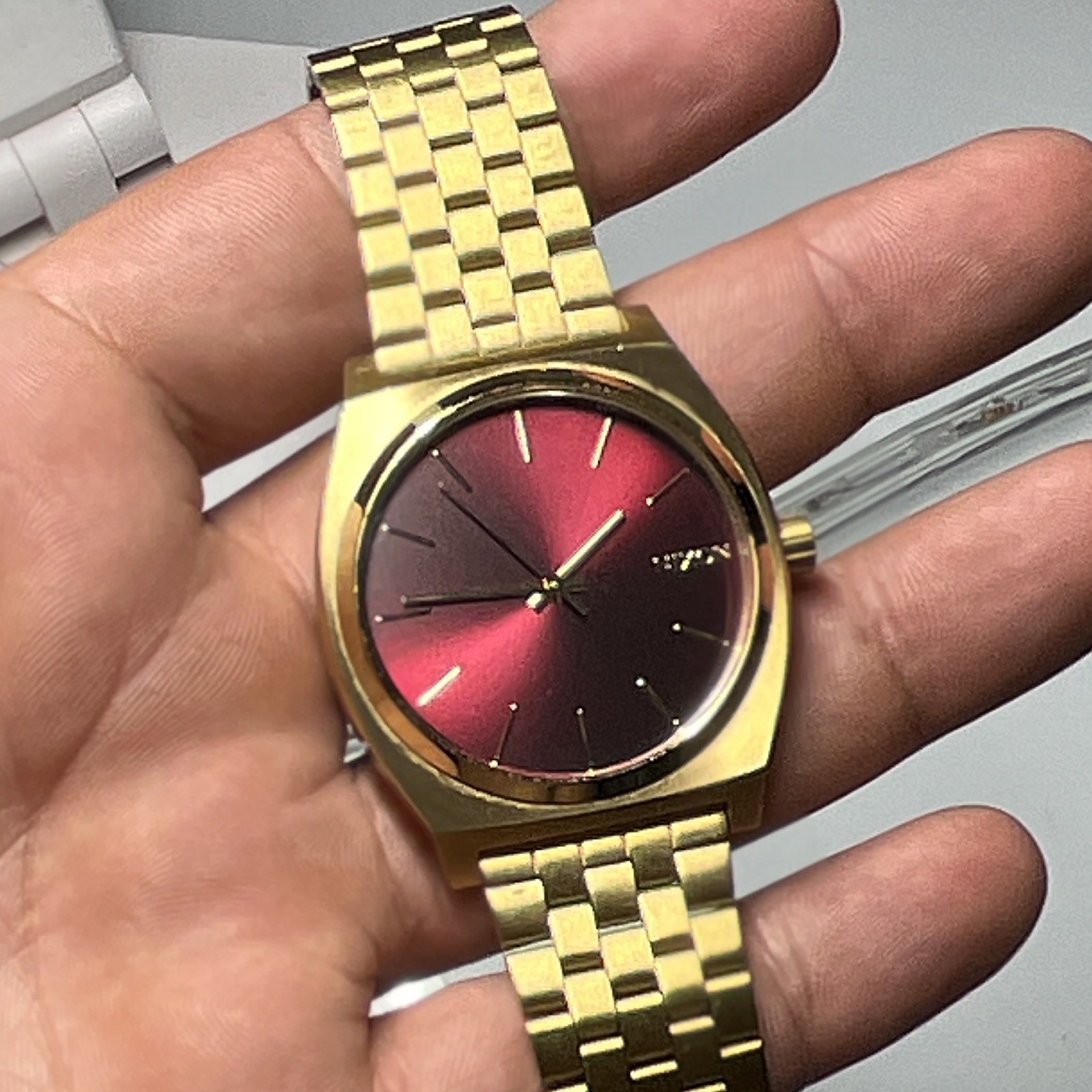 Nixon Quartz Analog Watch Red Dial Gold-Tone Metal Bracelet Seconds Hand
