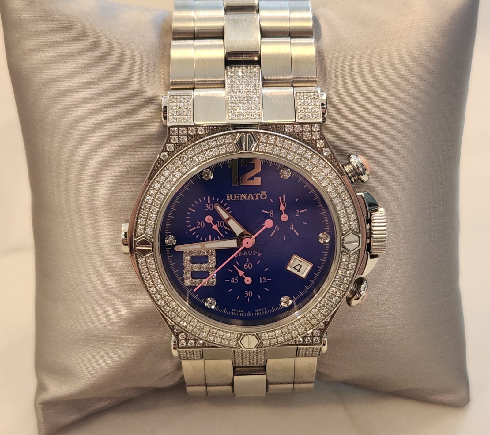 Renato Beauty Swiss ETA G15.211 Diamond Chronograph Blue Dial 2.25 CTW Watch
