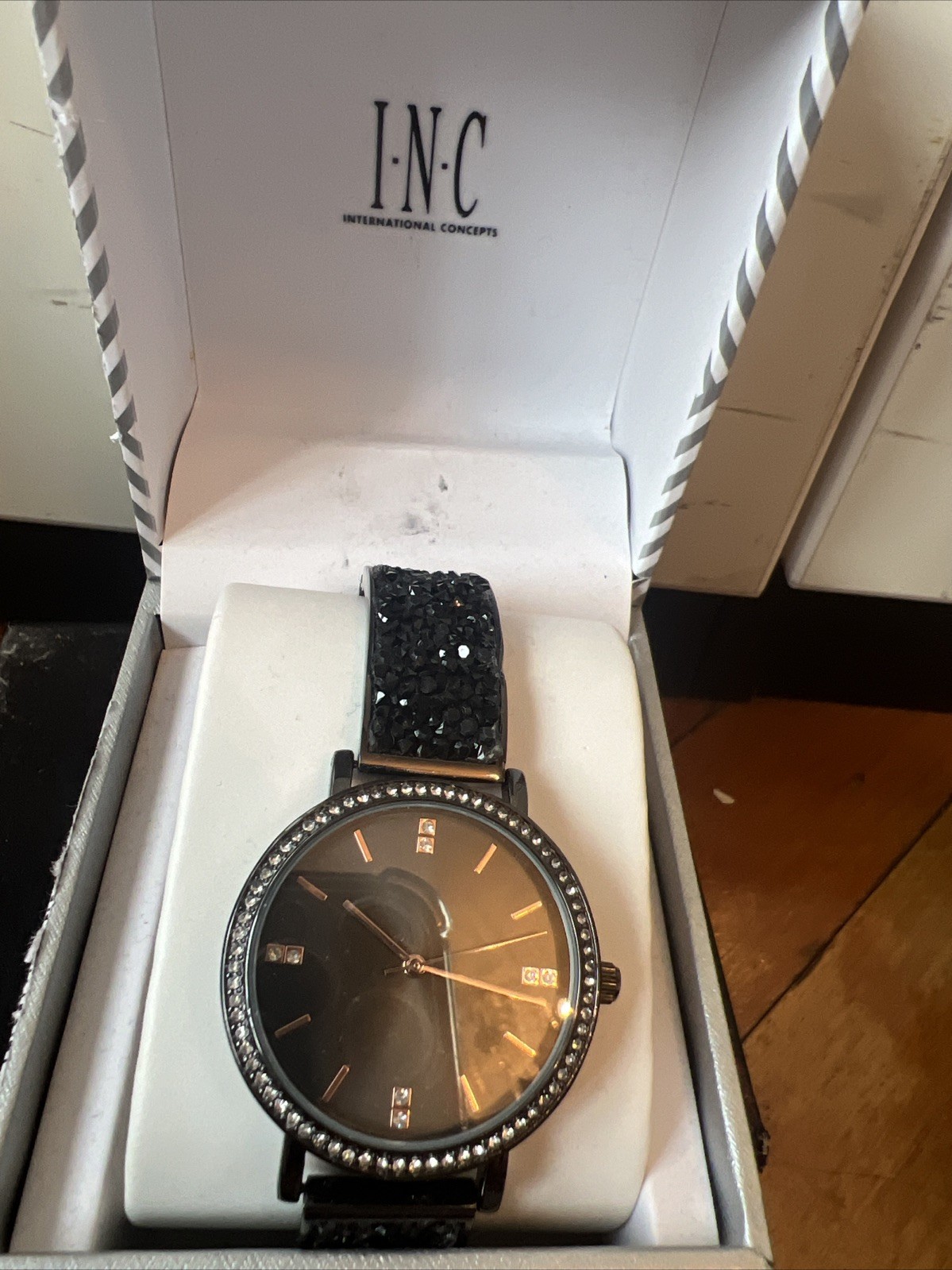 Ladies Inc International Concepts Black Stone Diamon Watch
