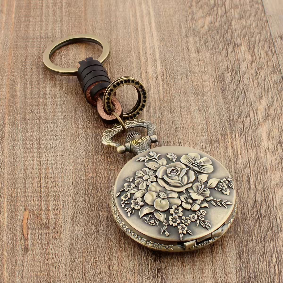 Vintage Quartz Pocket Watch Bronze Embossed Floral Flip-Open Leather Chain