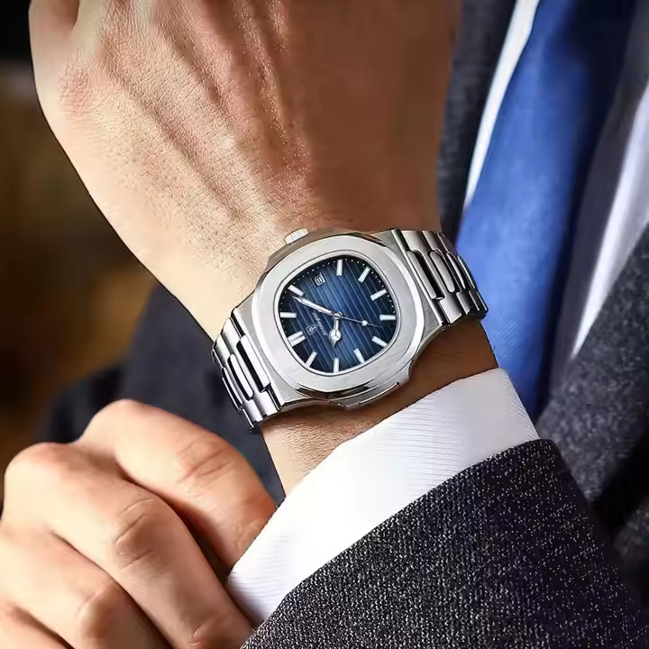 POEDAGAR Luxury Business Men’s Quartz Watch 3Bar Square Luminous Date Stainless