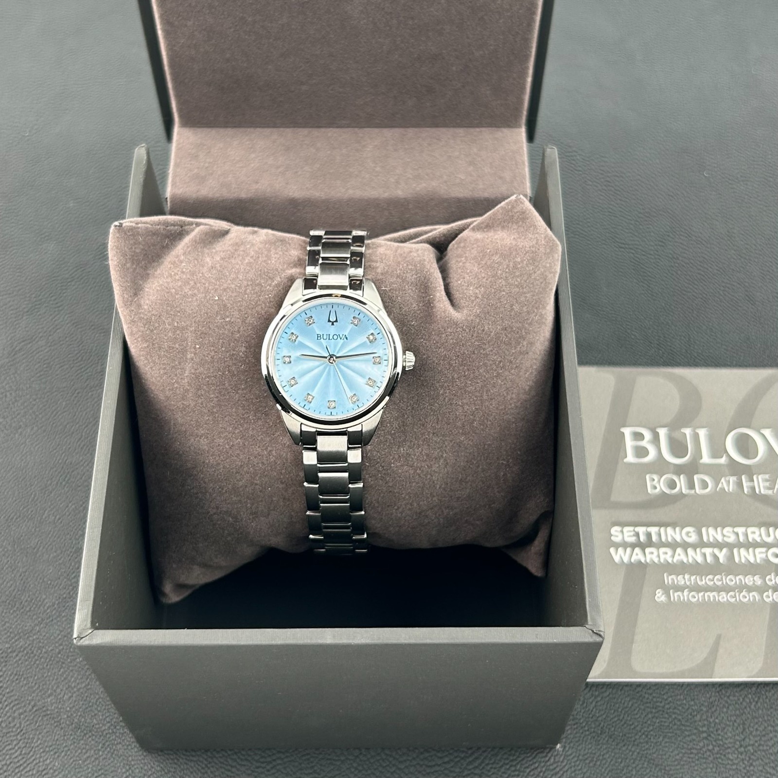 New w/box Bulova Sutton Diamond Blue Dial Women’s 28mm Quartz Watch 96P250