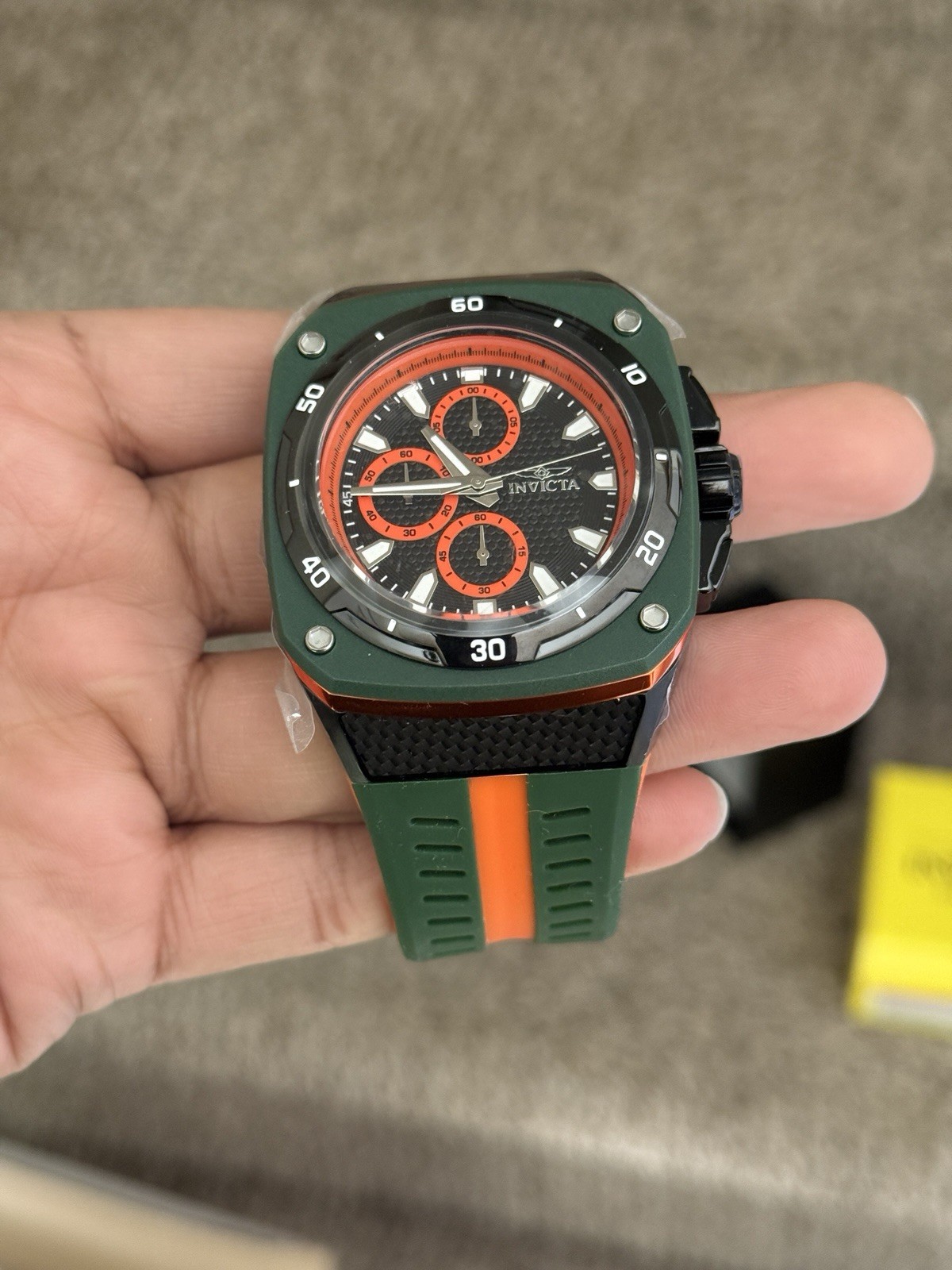 Invicta Black and Orange Chronograph Watch Mens rubber strap