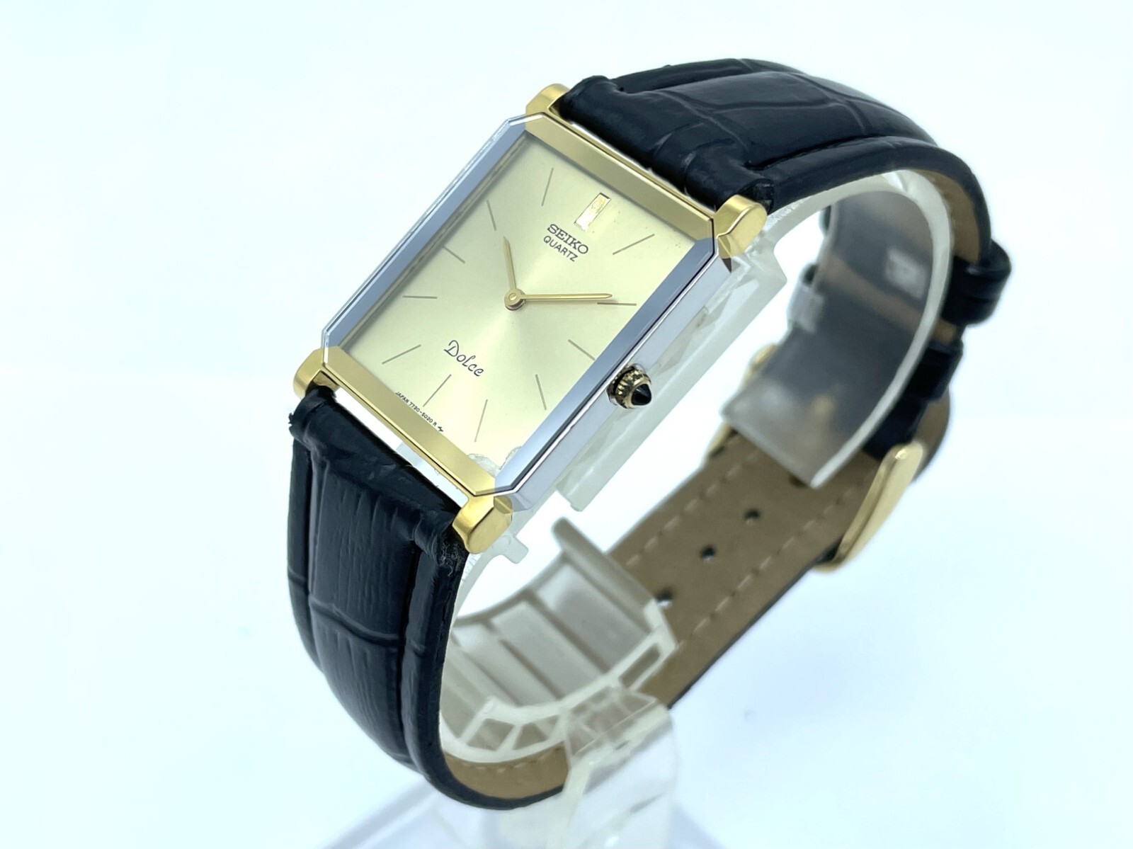 Vintage SEIKO Dolce Quartz Men’s Watch Rectangle Gold Dial 7730-5020 New Battery