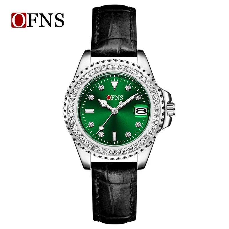 Exquisite diamond inlaid circular dial calendar waterproof quartz watch