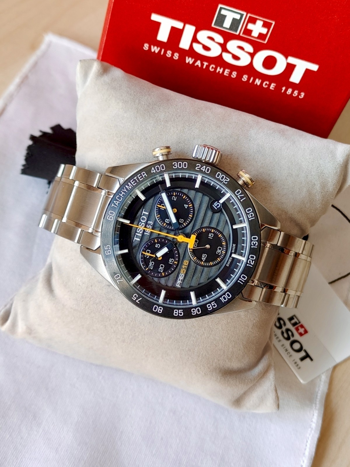 Tissot PRS516 Motorsport Racing Steel Chronograph Men’s Watch Black Yellow Dial