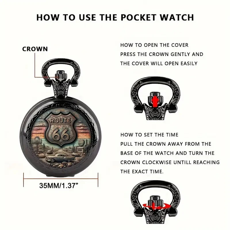 Vintage Route 66 Pocket Watch Stainless Steel Quartz Movement Men Boys Gift