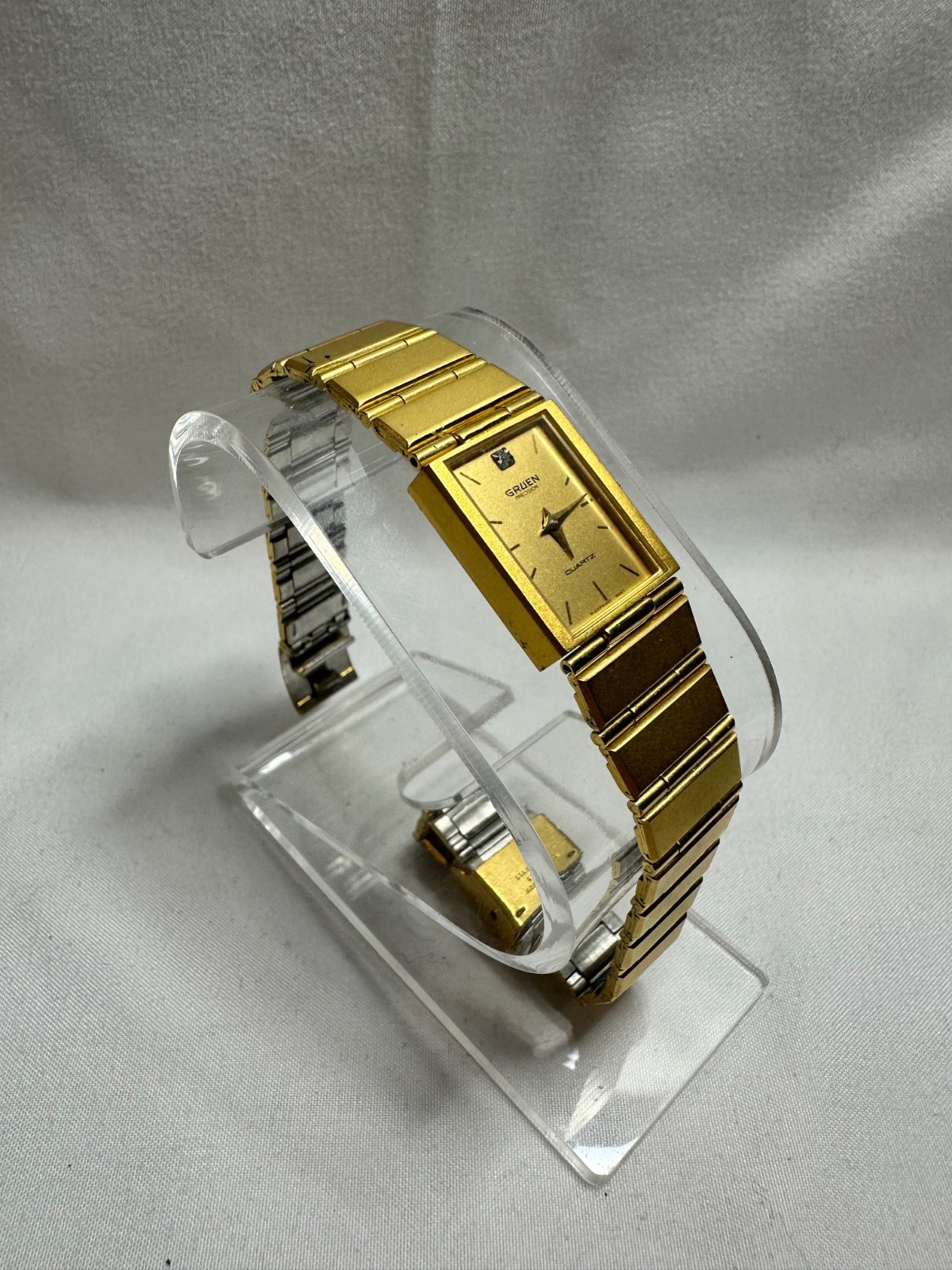 VINTAGE GOLD TONE GRUEN PRECISION QUARTZ TANK STYLE WATCH