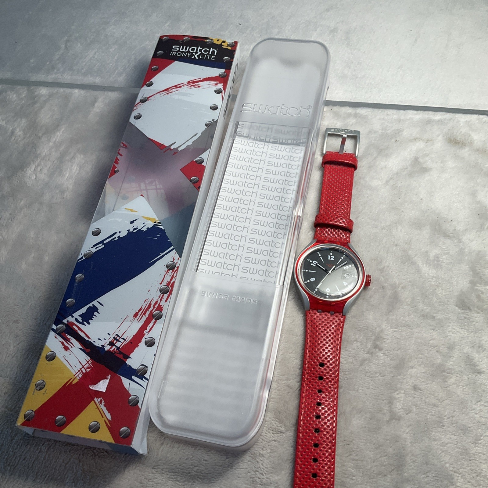 New Swatch Irony GO JUMP X-lite Aluminum Red Leather Men’s Watch YES4001 Works!