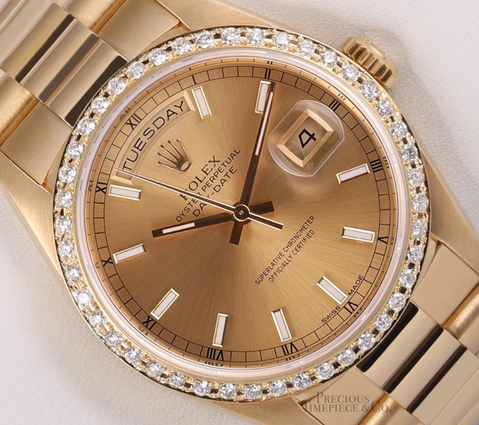 Rolex Day-Date 36mm 18038 18K Yellow Gold Diamond Bezel Champagne Stick Dial