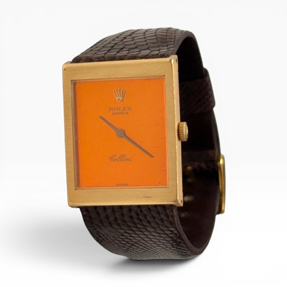 Rolex Cellini 22 x 28 mm Orange Dial 18K Yellow Gold Leather Quartz Watch 4014