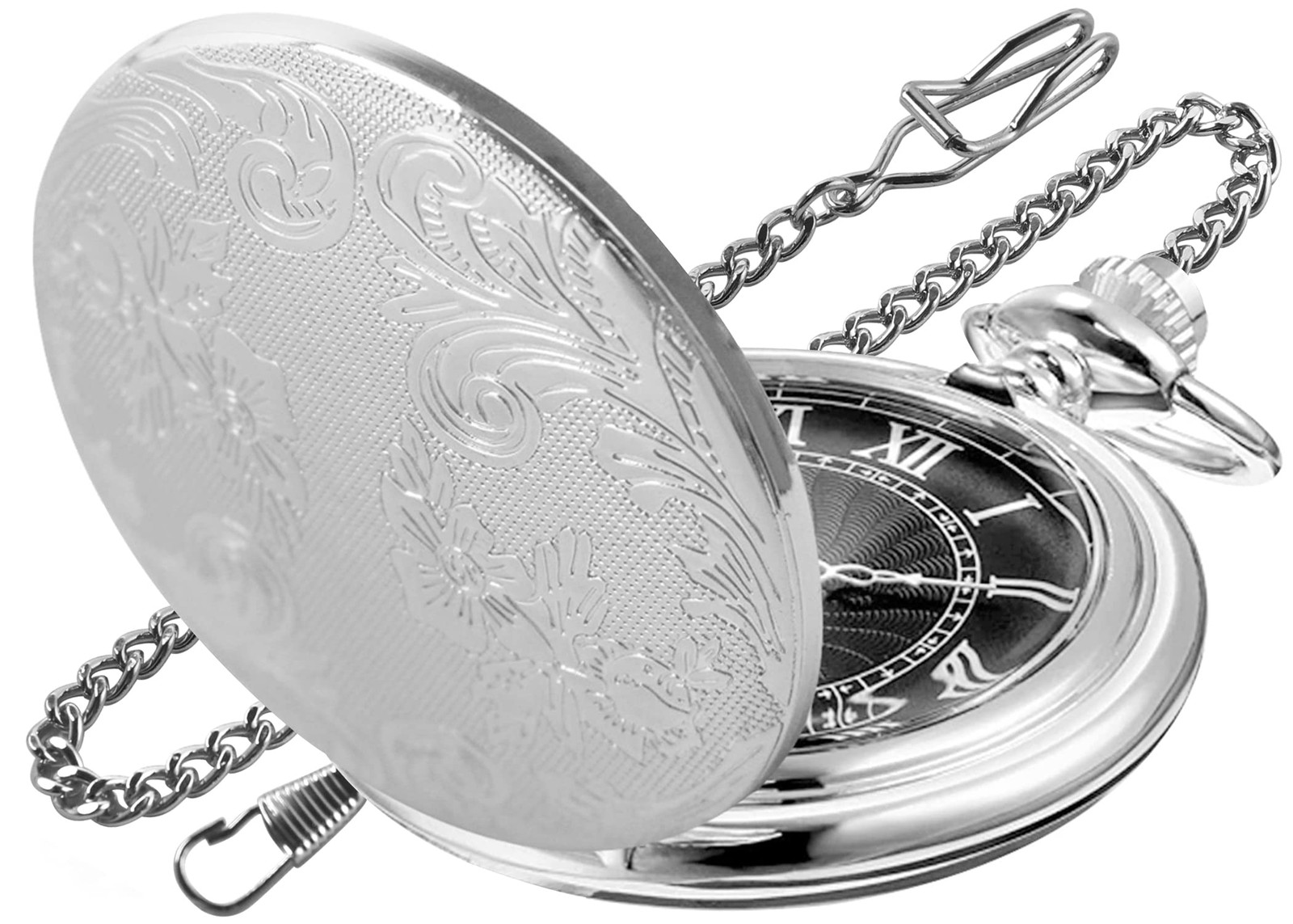 Both Sides Sliver Carved Flower Quartz Pocket Watch Quartz Movement, Pocket …