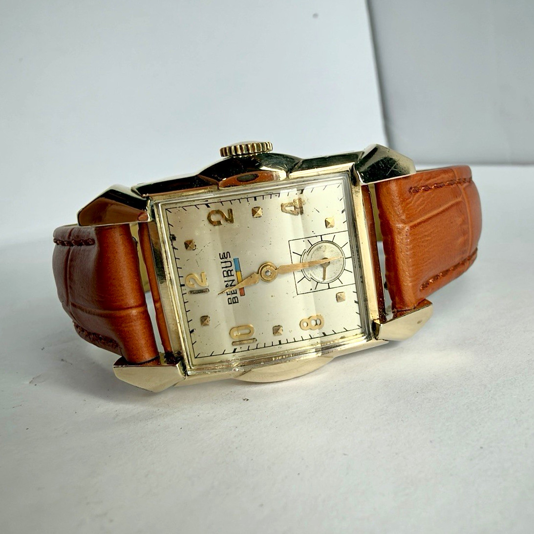 Benrus 17J Manual Wind Art Deco Gold Filled Rectangular Silver Dial Small Sec
