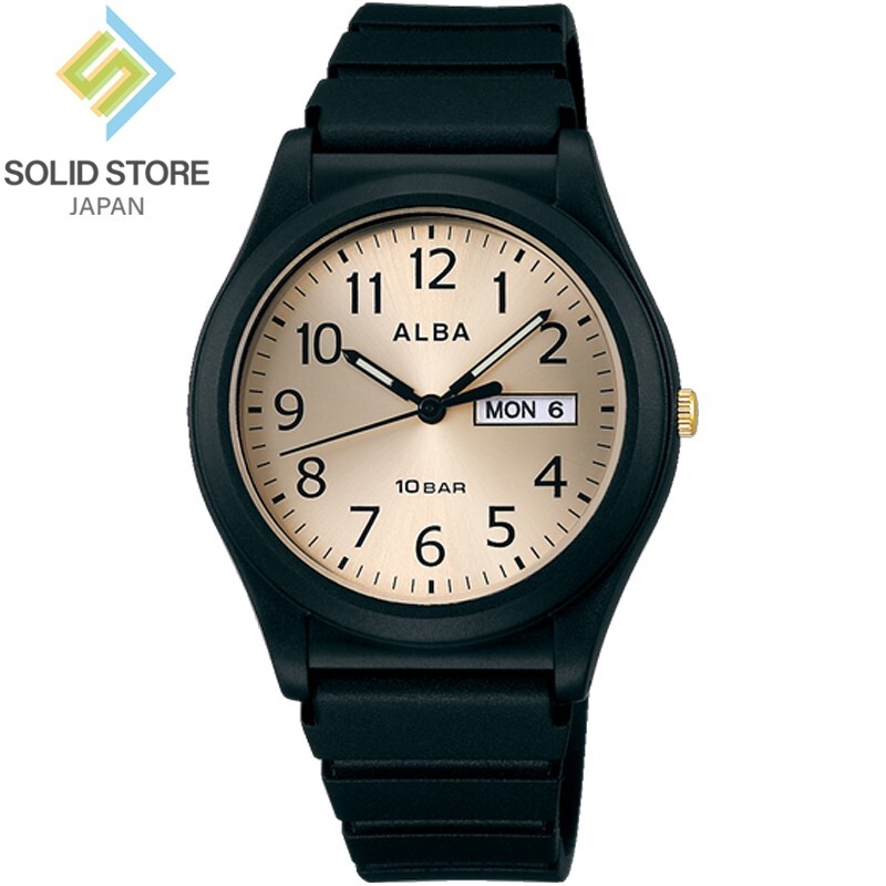 SEIKO ALBA AQPJ412 Plastic Case Black Analog Quartz Watch Bronze Gold 36.6mm