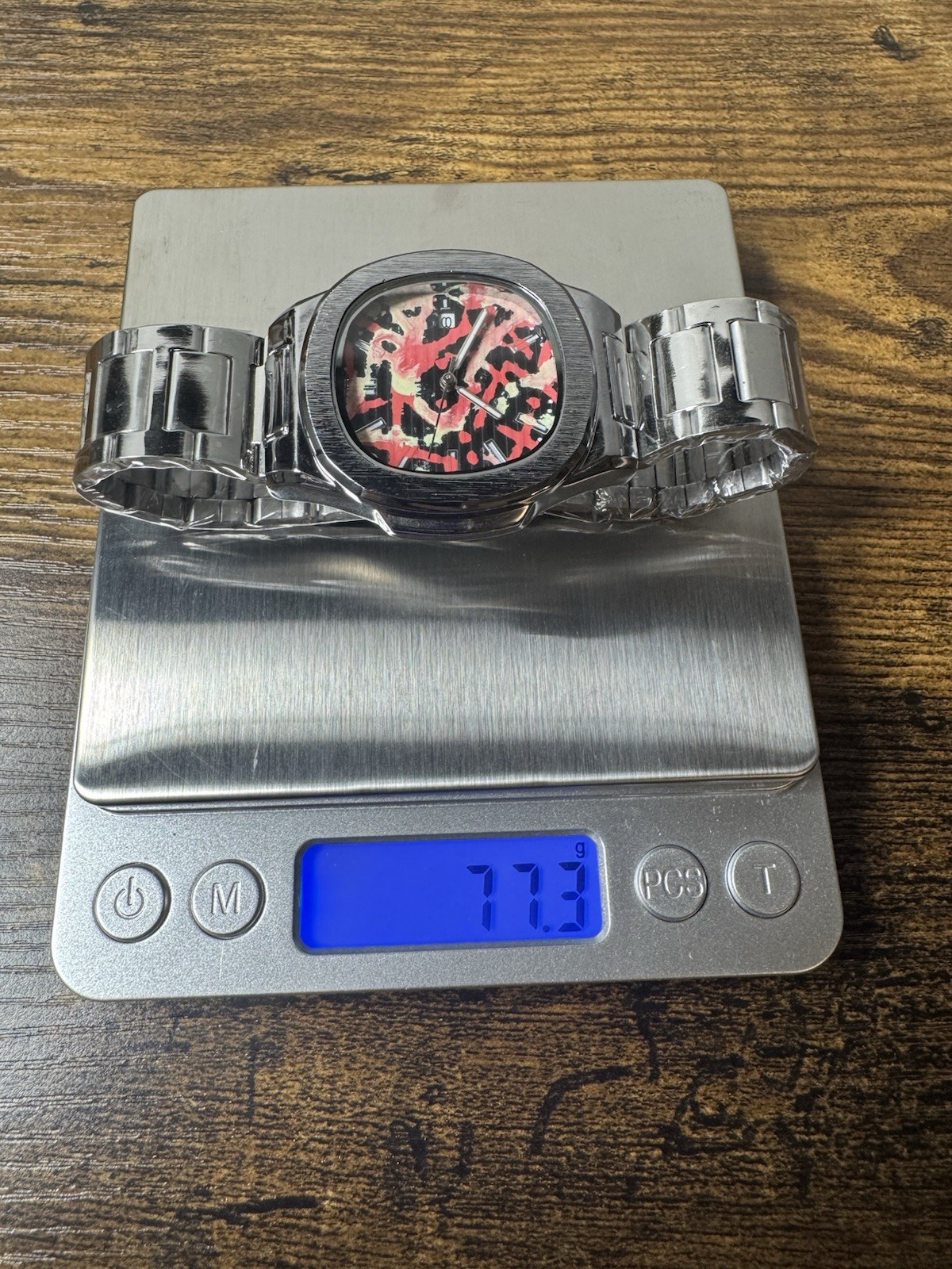 Custom Metal Mod Hand Painted Dial Abstract Red/Glow Yellow Watch
