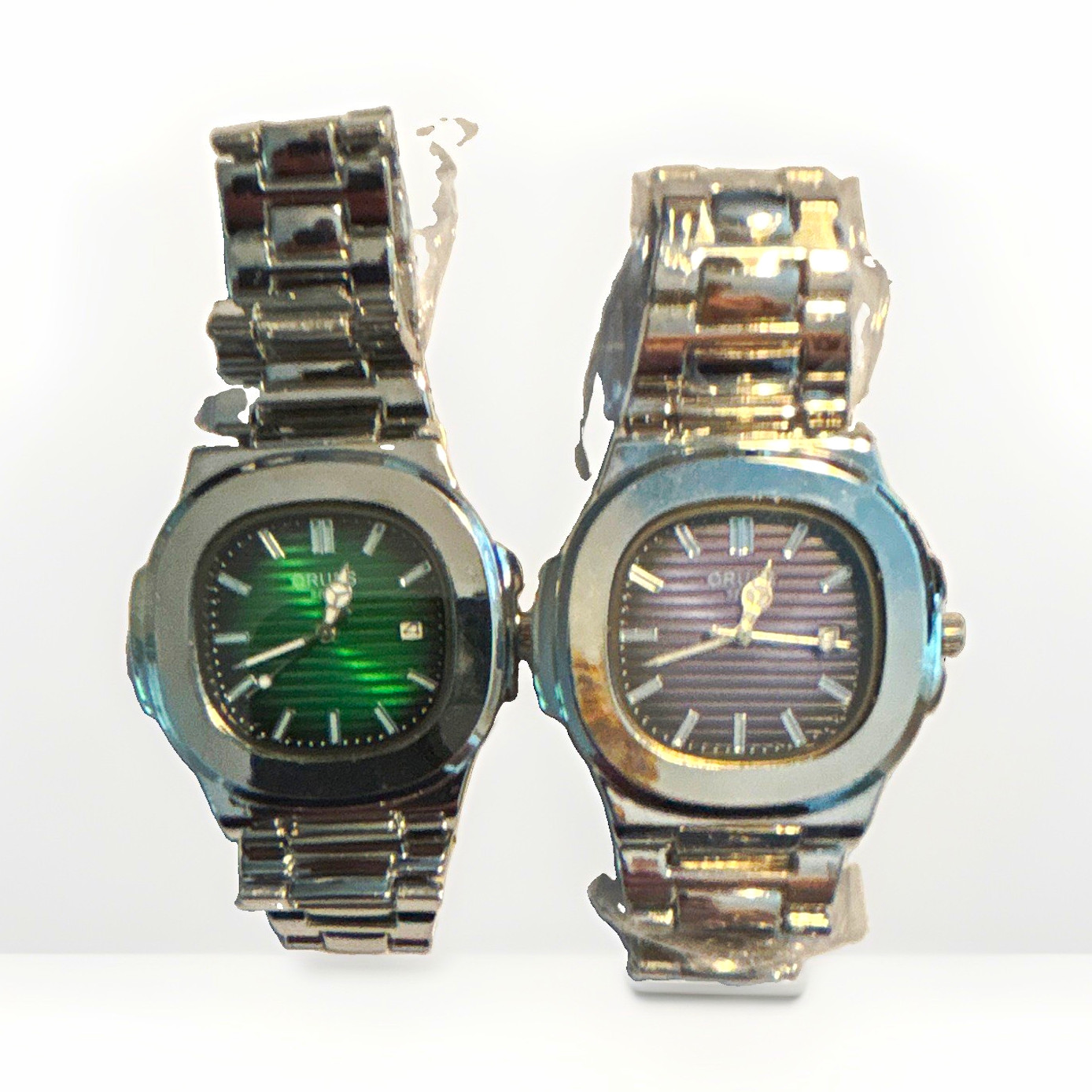 Lot of 2 Analog Cushion Case Watches Silver-Tone Metal Bracelet Green/Black Dial