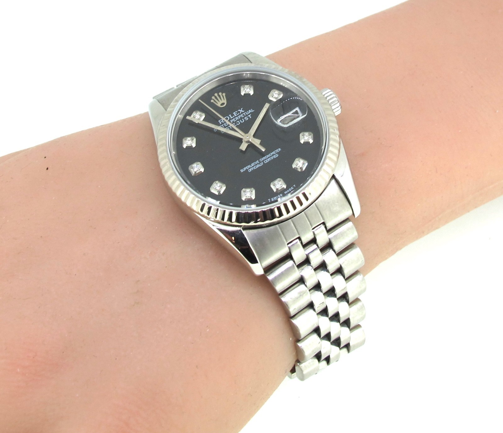 Rolex 16200 DateJust Black Dial Stainless Steel Jubilee Bracelet 36MM Watch