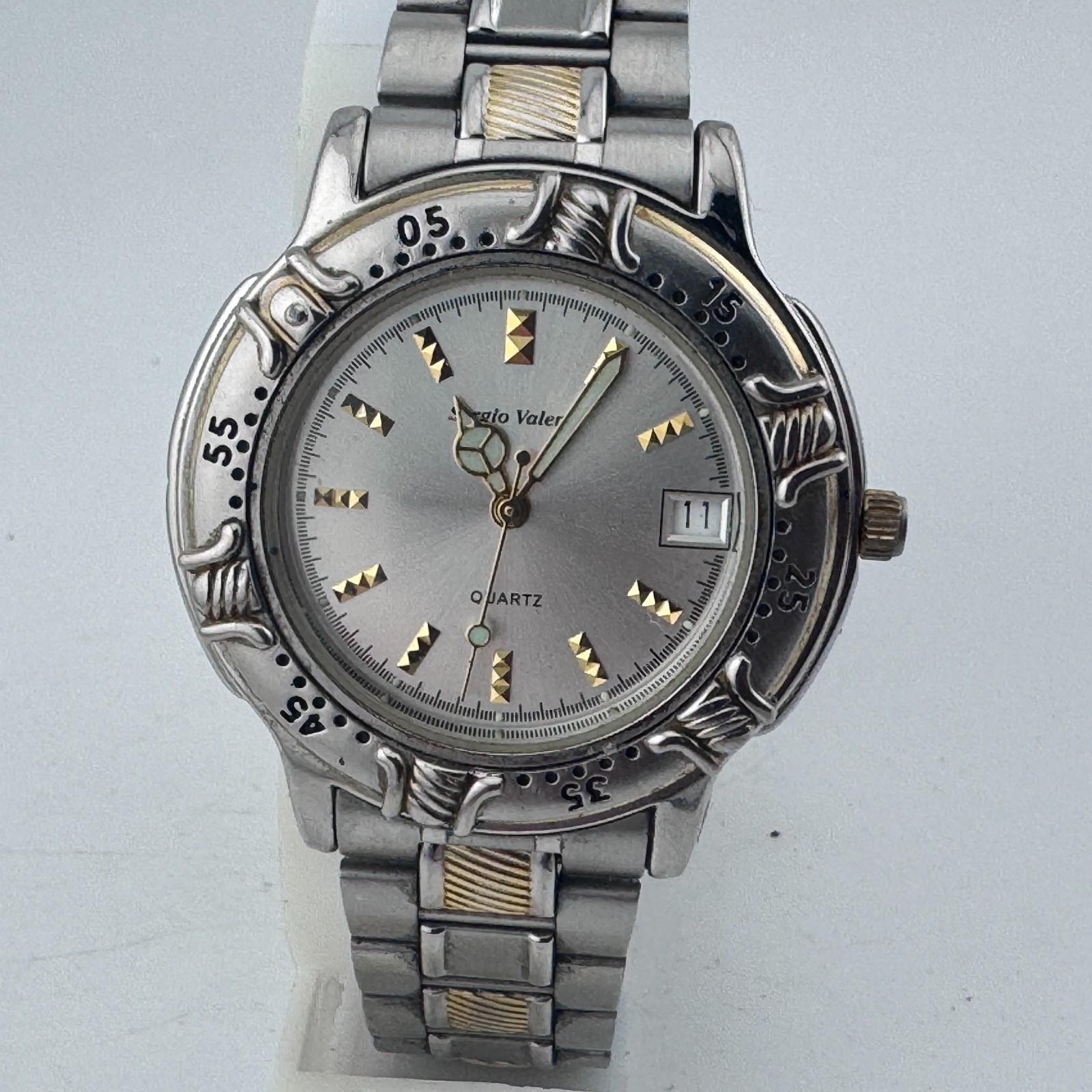 Sergio Valente Quartz Watch Men Dual Tone Date Rotating Bezel New Battery 7.5″