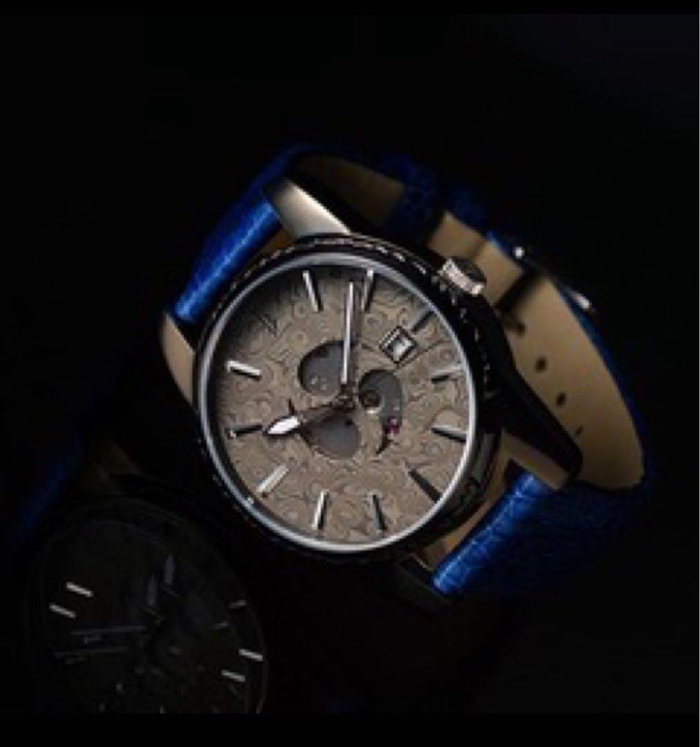 MUSHA Damascus Steel Automatic Watch Samurai Blue