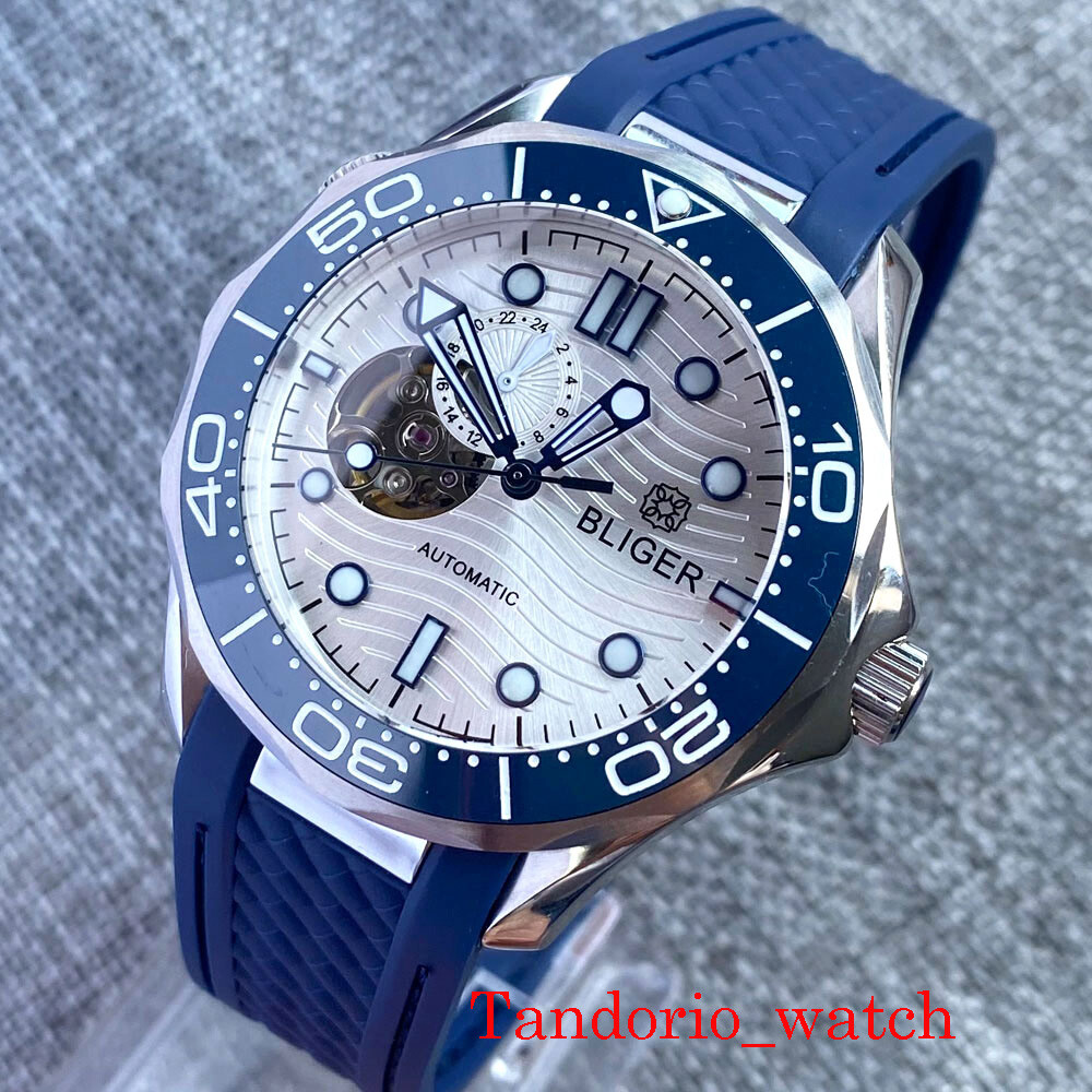 BLIGER 41MM White Dial NH39 Automatic Mens Watch Sapphire Glass Rubber Strap