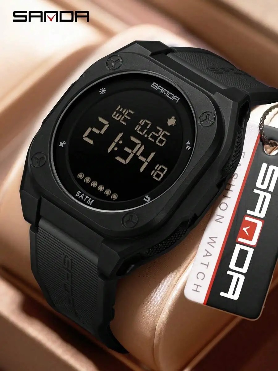 Men’s Digital Sports Watch 5ATM Waterproof LED Alarm Stopwatch Silicone Black