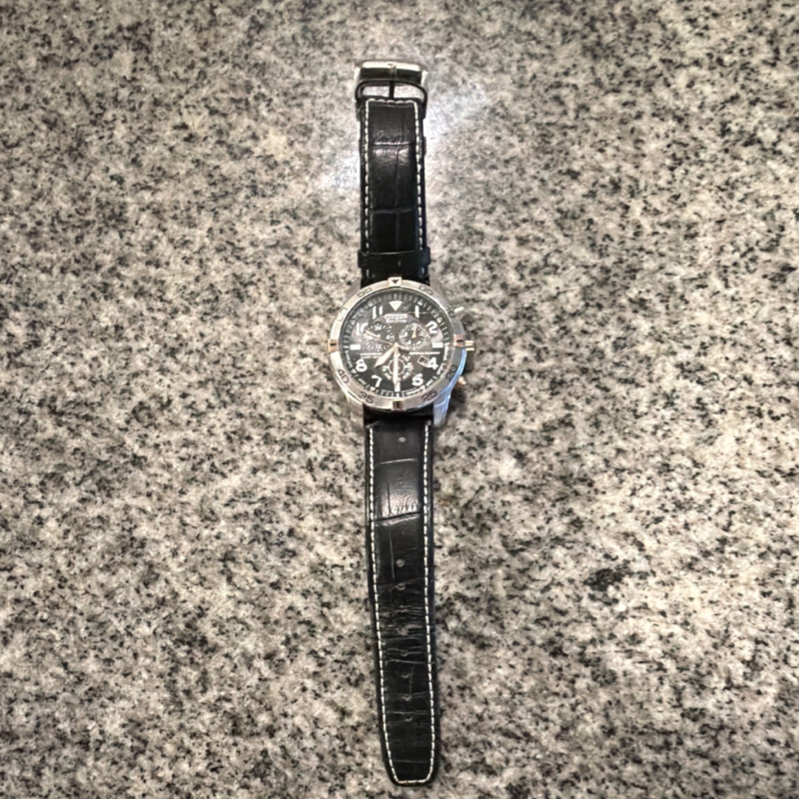 Citizen Eco-Drive Chronograph Date Black Dial 43mm SS Black Leather 100m