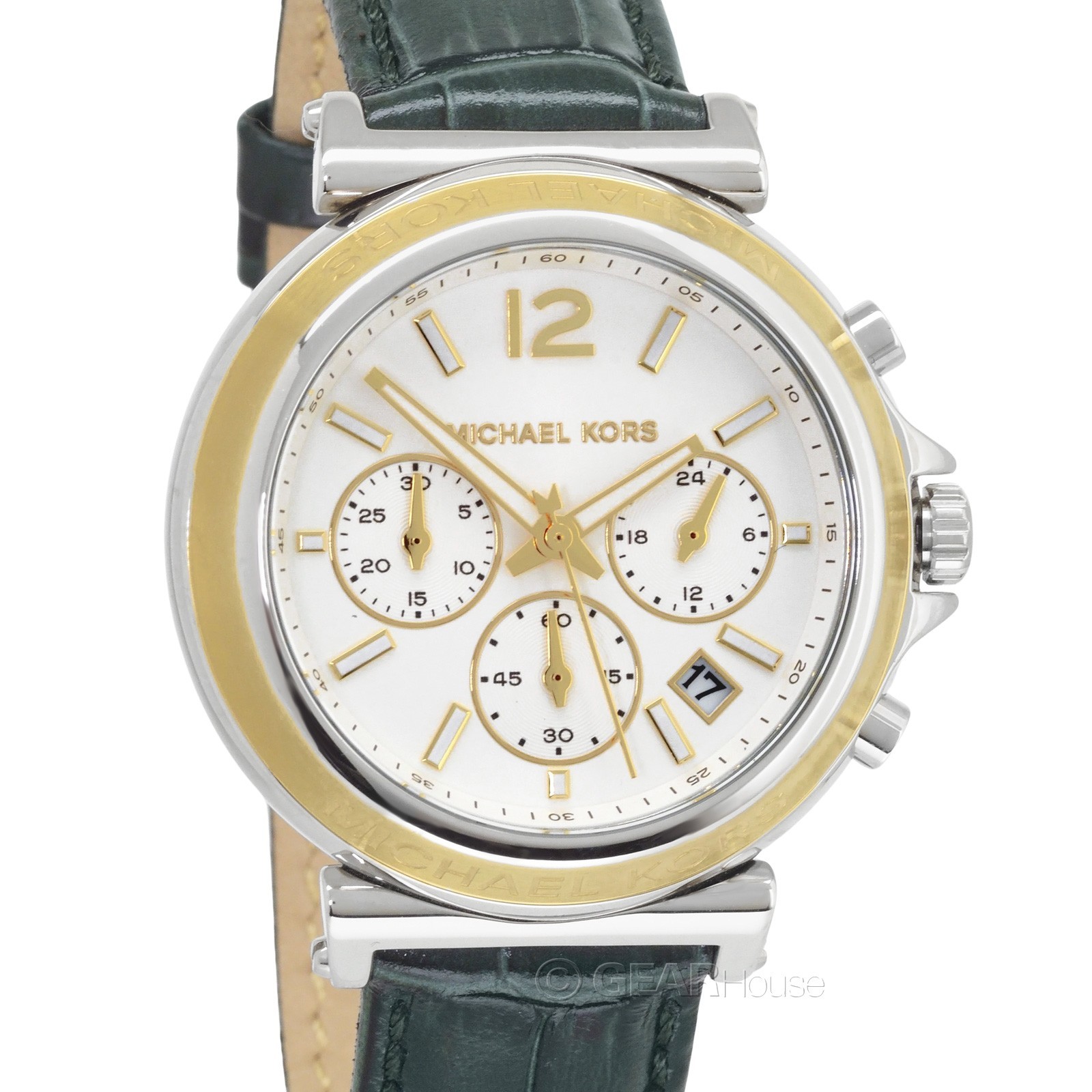 Michael Kors Maren Womens Two-Tone Chronograph Watch, White Dial, Green Leather
