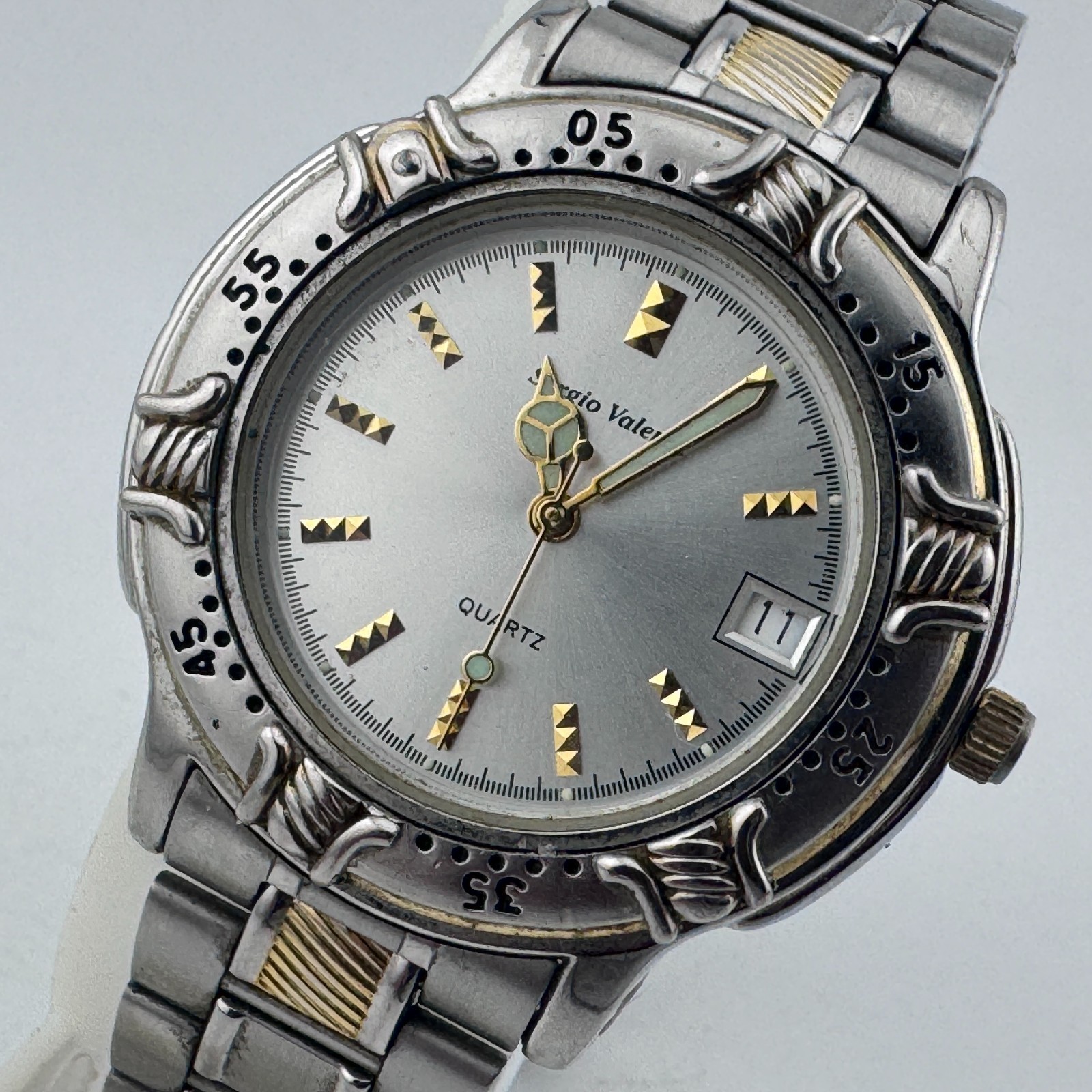 Sergio Valente Quartz Watch Men Dual Tone Date Rotating Bezel New Battery 7.5″